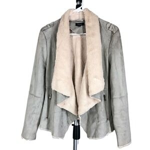 Sz M- Fantazia Taupe Green Faux Suede Cream Sherpa Lined Draped Open Moto Jacket